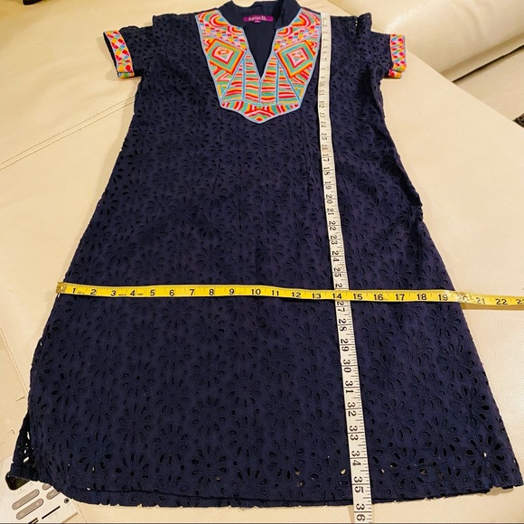Batik Blue Dress Short Sleeve Aztec Embroidery - Picture 10 of 11